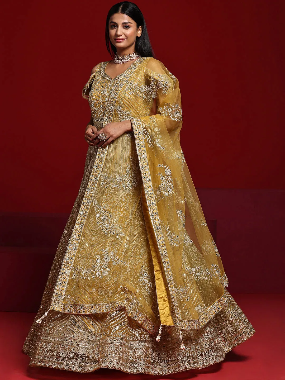 Jashvi Art Mustard Embellished Nylon Gown With Dupatta