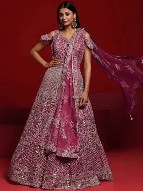 Jashvi Art Pink Embellished Nylon Gown With Dupatta