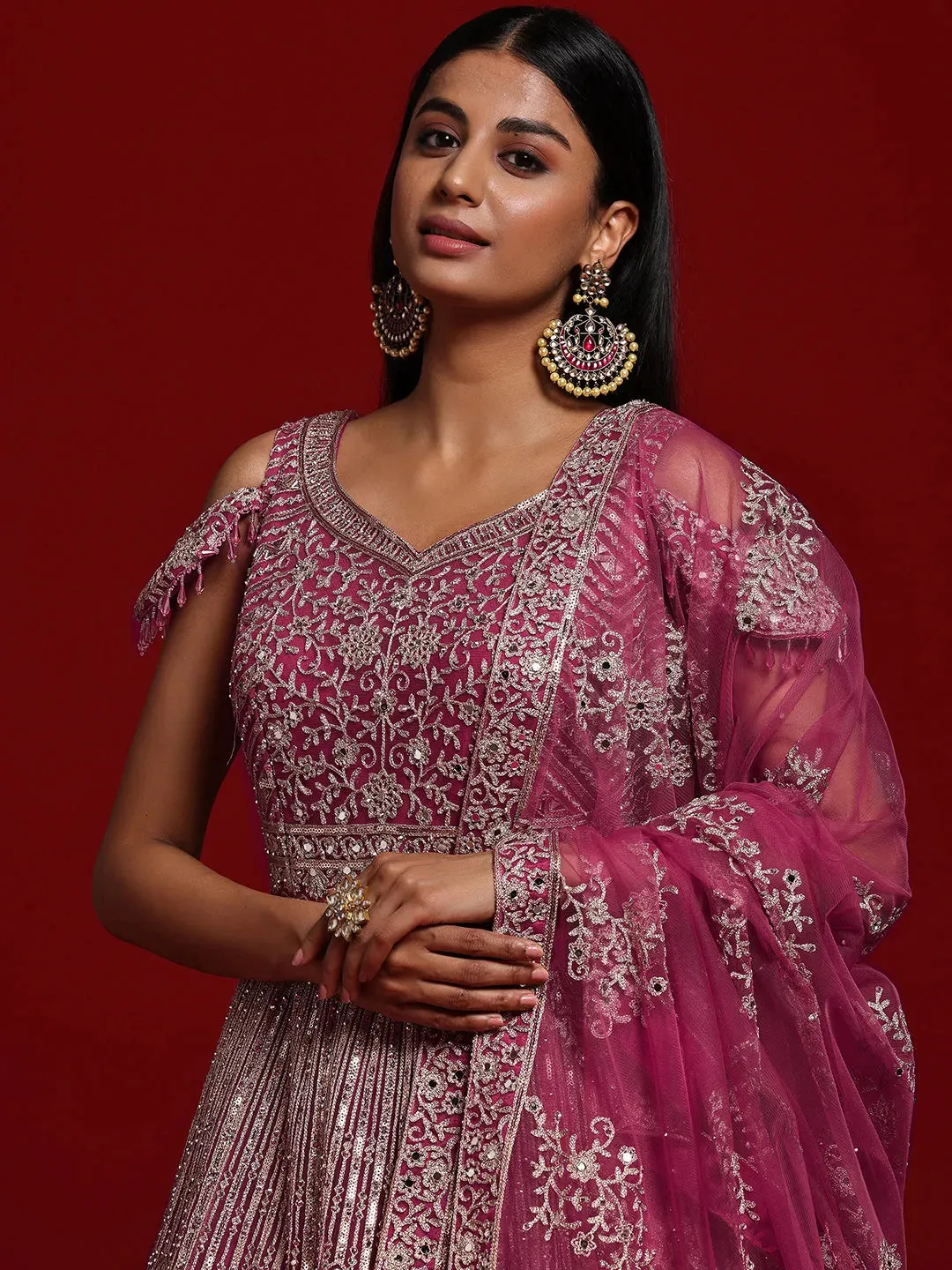 Jashvi Art Pink Embellished Nylon Gown With Dupatta