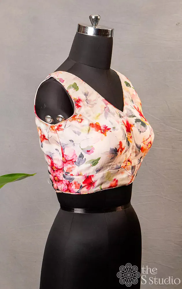 Light pink floral printed sleeveless semi silk  readymade blouse