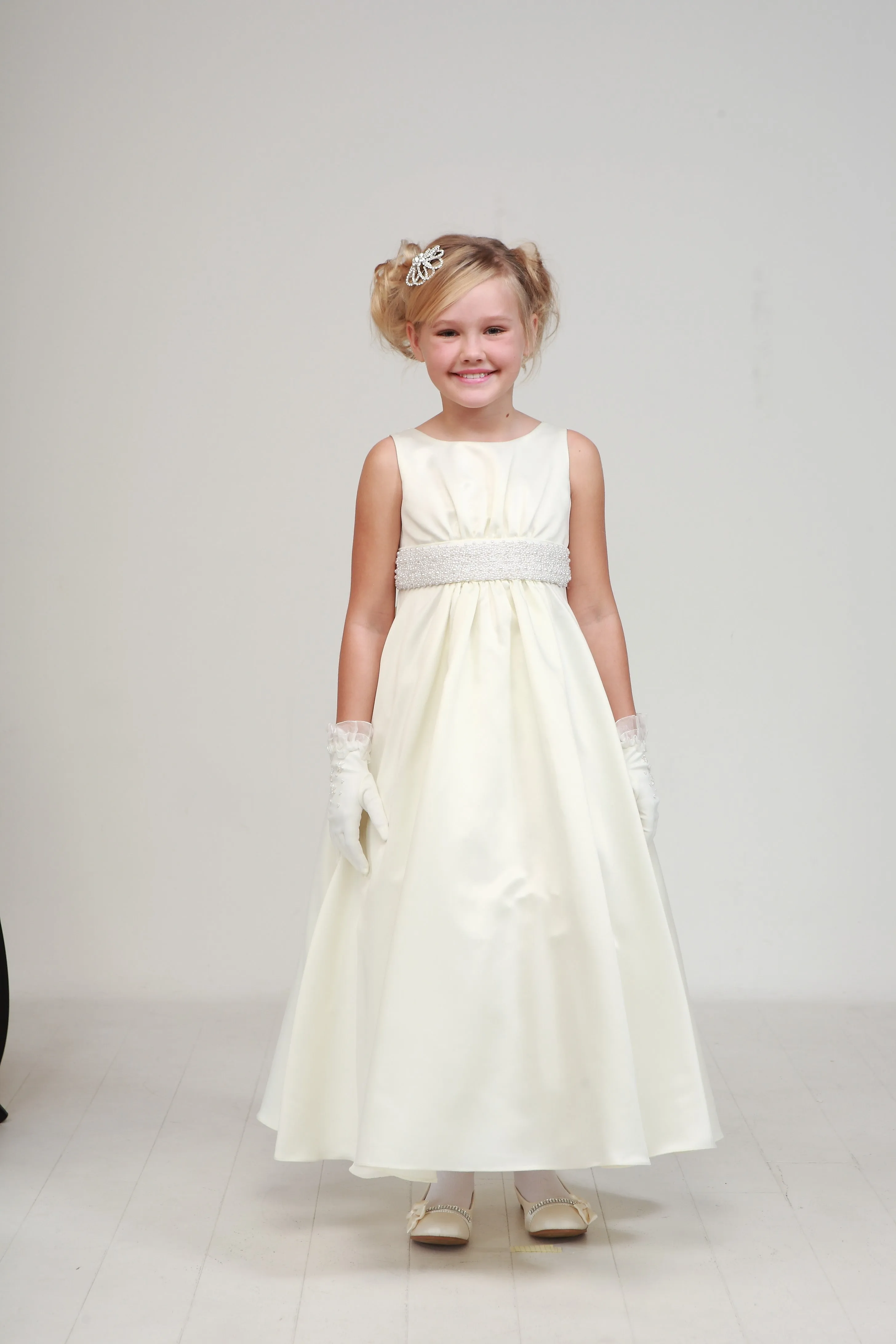 Little Girls Ivory Pearls Waistband Flower Girl Dress 2-6