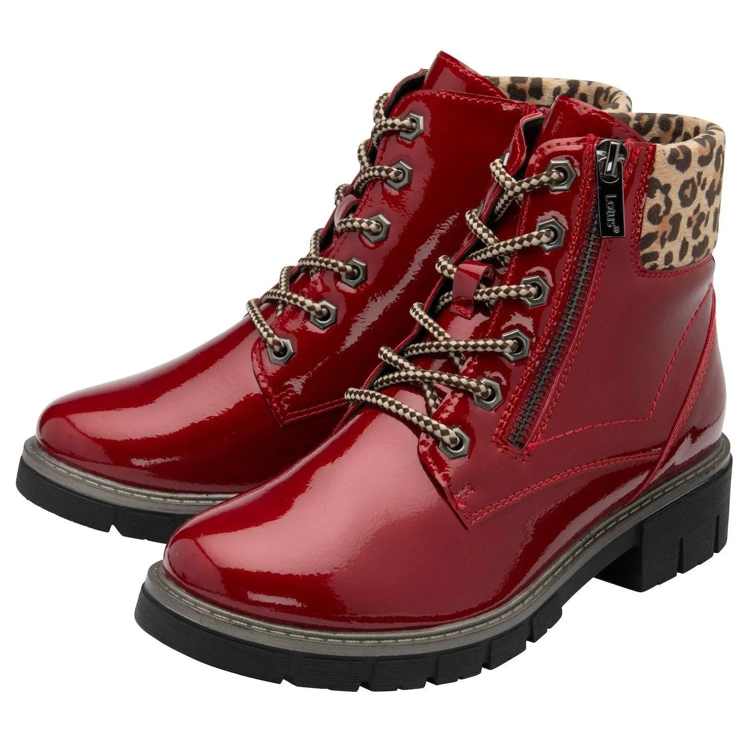 Lotus Charleston Ladies Red Patent Zip & Lace Ankle Boots