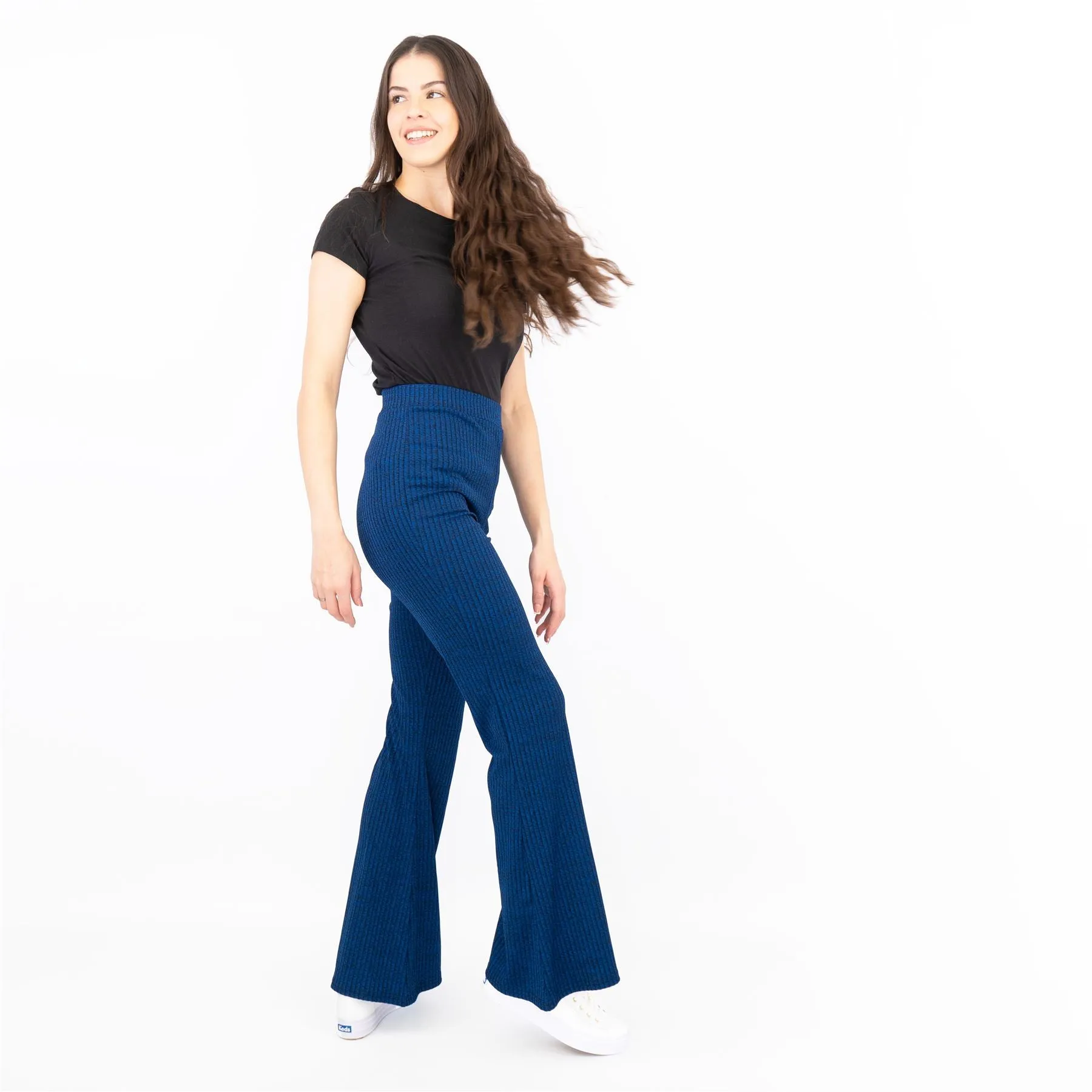 Nasty Gal Blue Ribbed Pull-On Flared Trousers