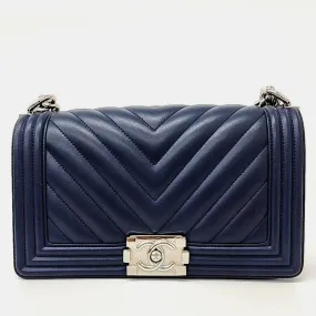 Navy Blue Chevron Leather Medium Boy Bag