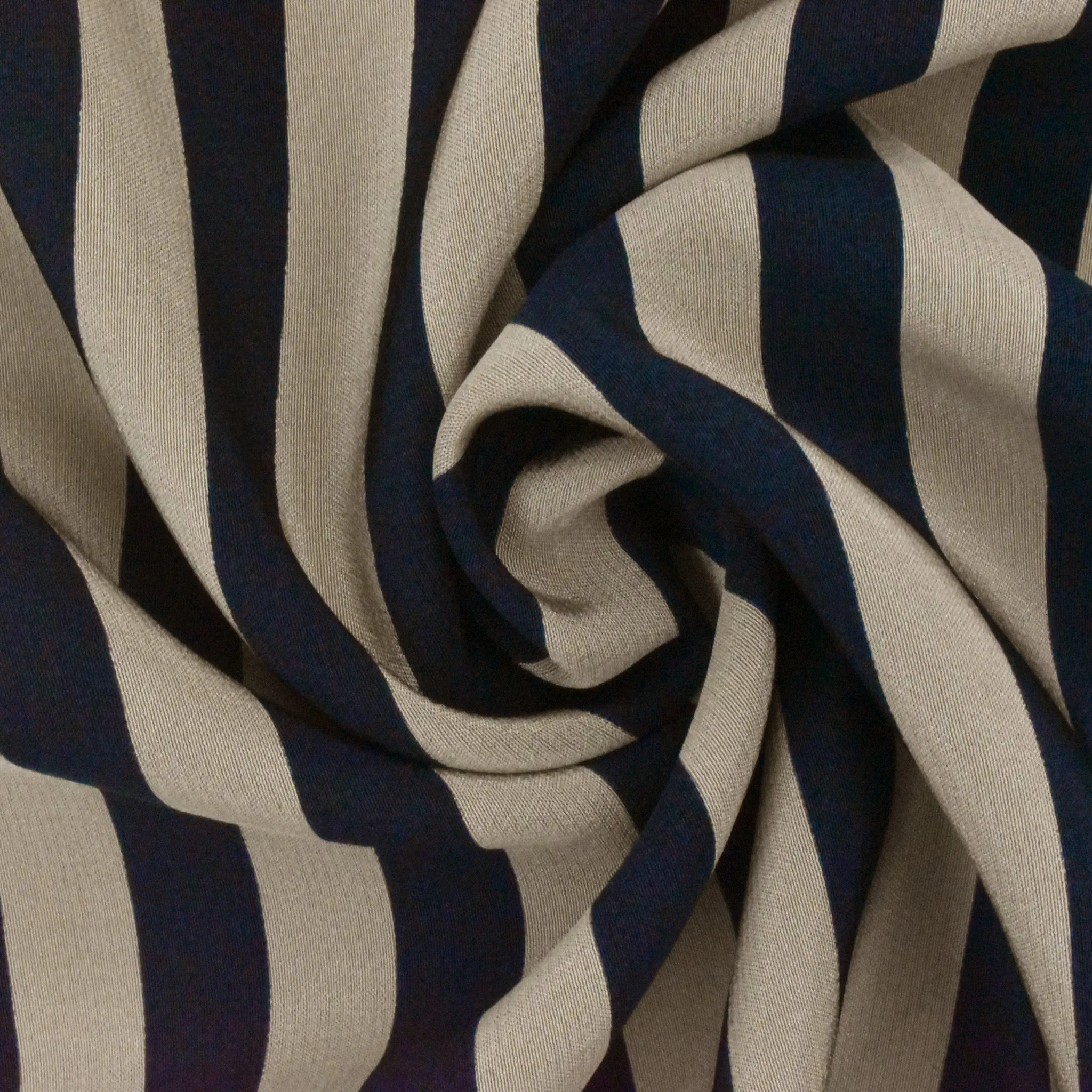 Navy Blue-Taupe Stripe Printed Silk Crepe De Chine Fabric