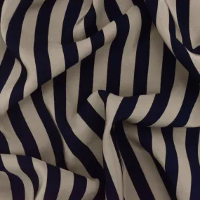 Navy Blue-Taupe Stripe Printed Silk Crepe De Chine Fabric