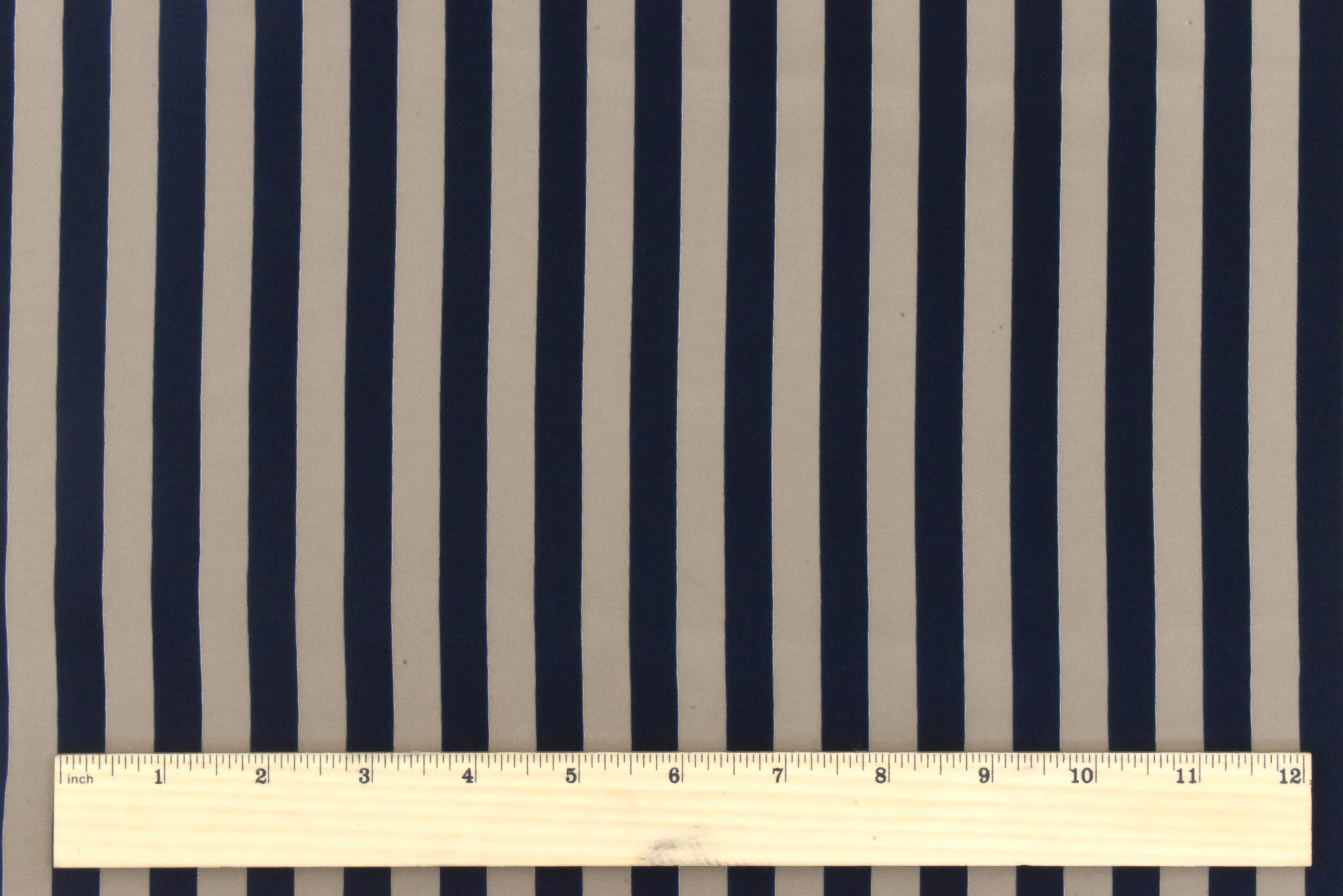 Navy Blue-Taupe Stripe Printed Silk Crepe De Chine Fabric