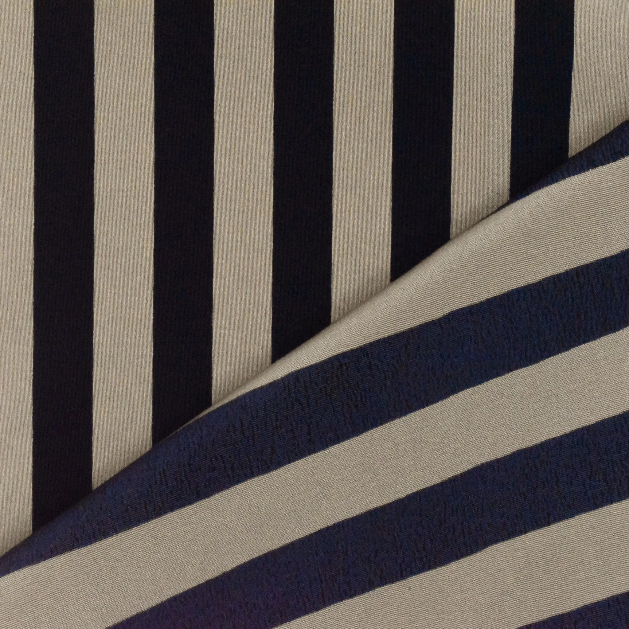 Navy Blue-Taupe Stripe Printed Silk Crepe De Chine Fabric