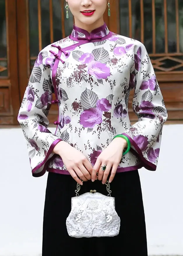 Print Button Silk Blouses Flare Sleeve