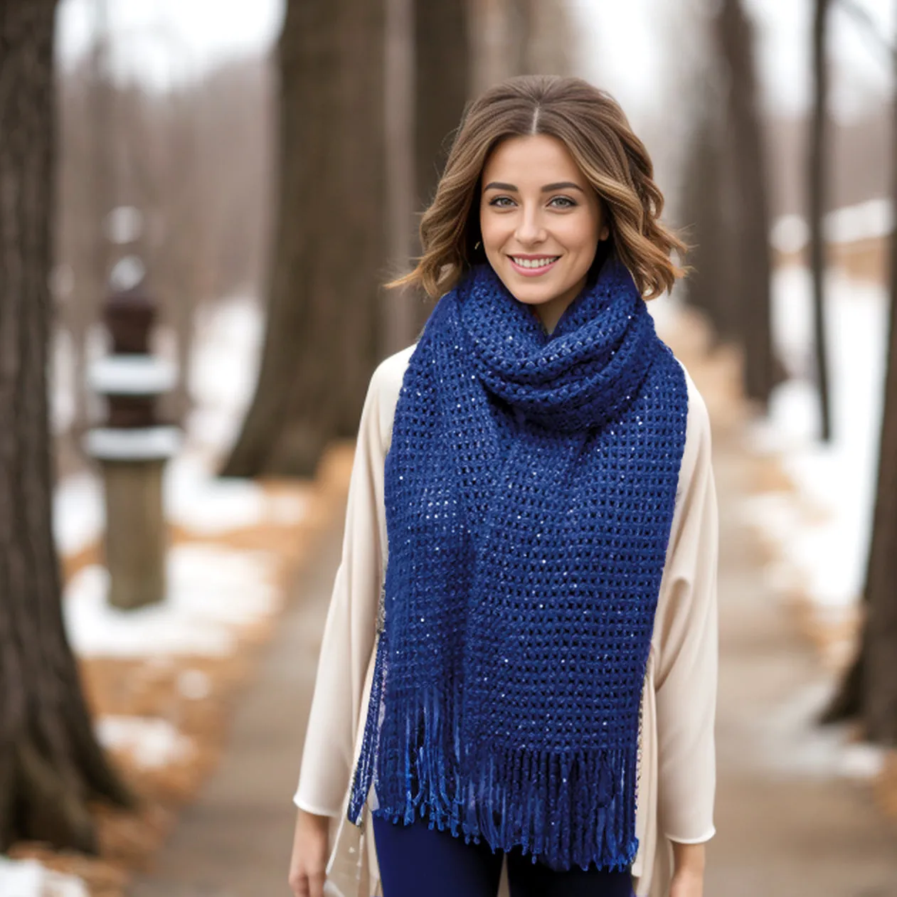 Rila - Knitted Long Scarf with Sequins - Navy Blue