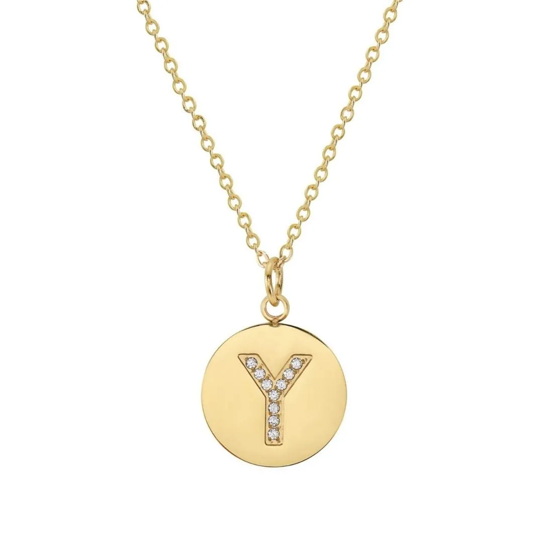 Tarnish Resistant 14k Gold Plated Initial Pave Disc Necklace