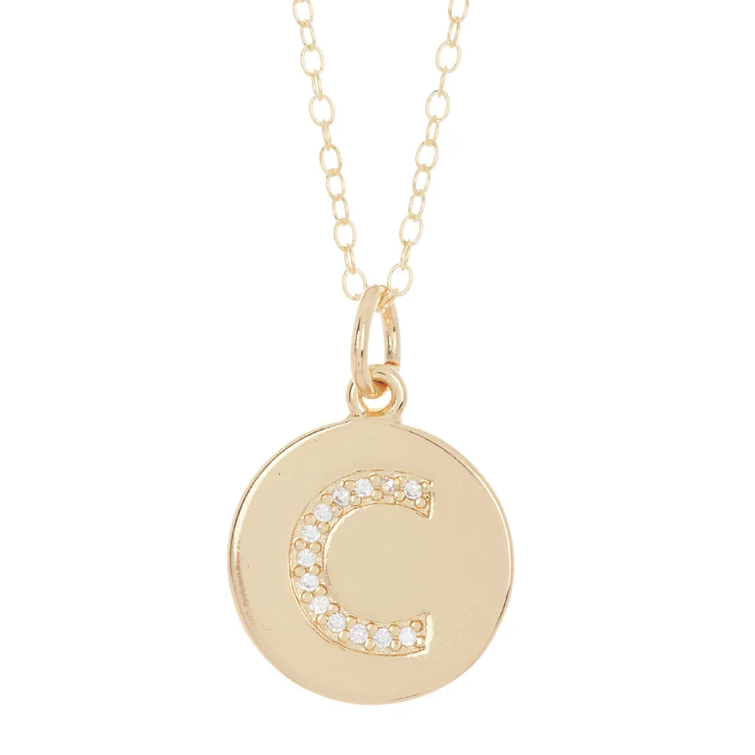 Tarnish Resistant 14k Gold Plated Initial Pave Disc Necklace