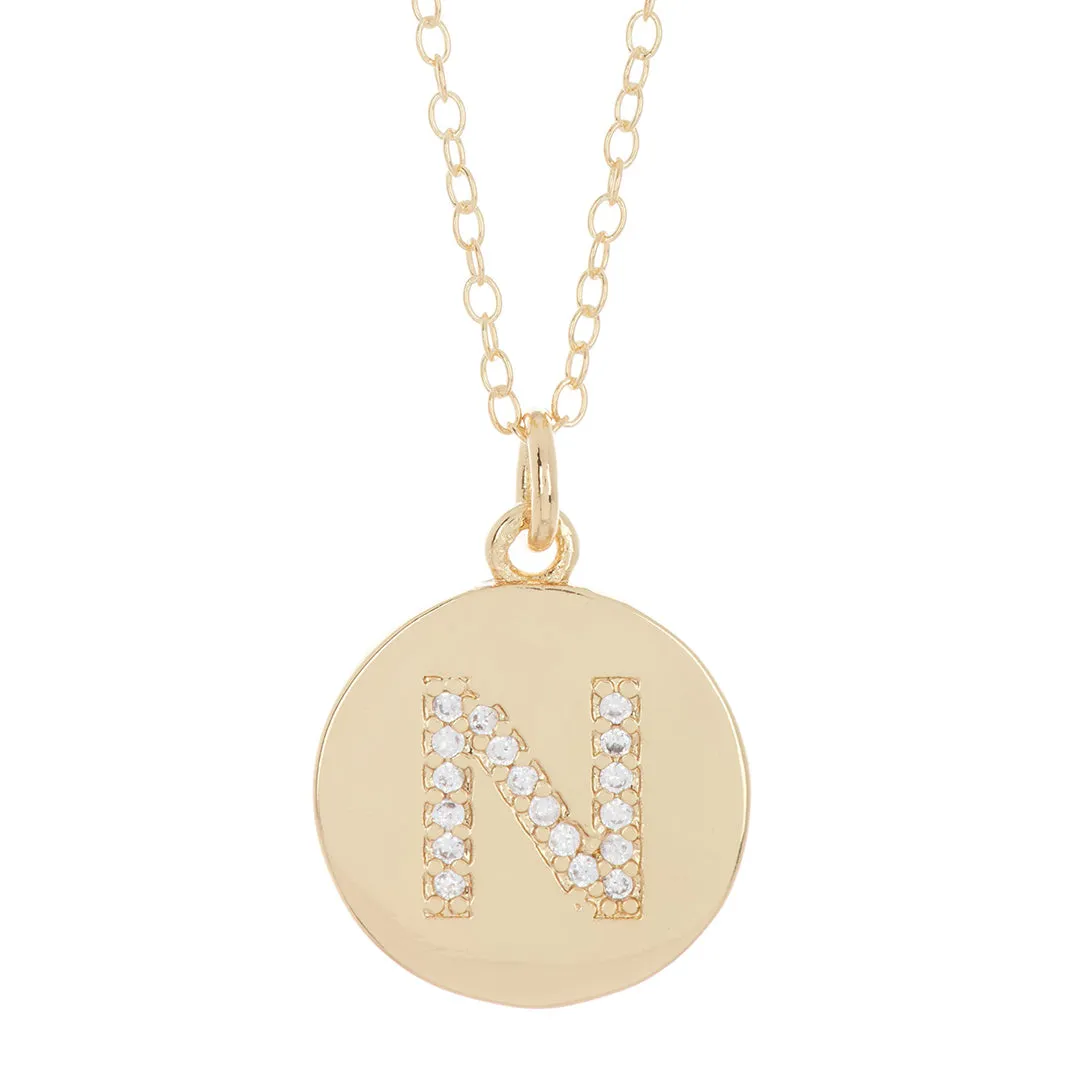 Tarnish Resistant 14k Gold Plated Initial Pave Disc Necklace