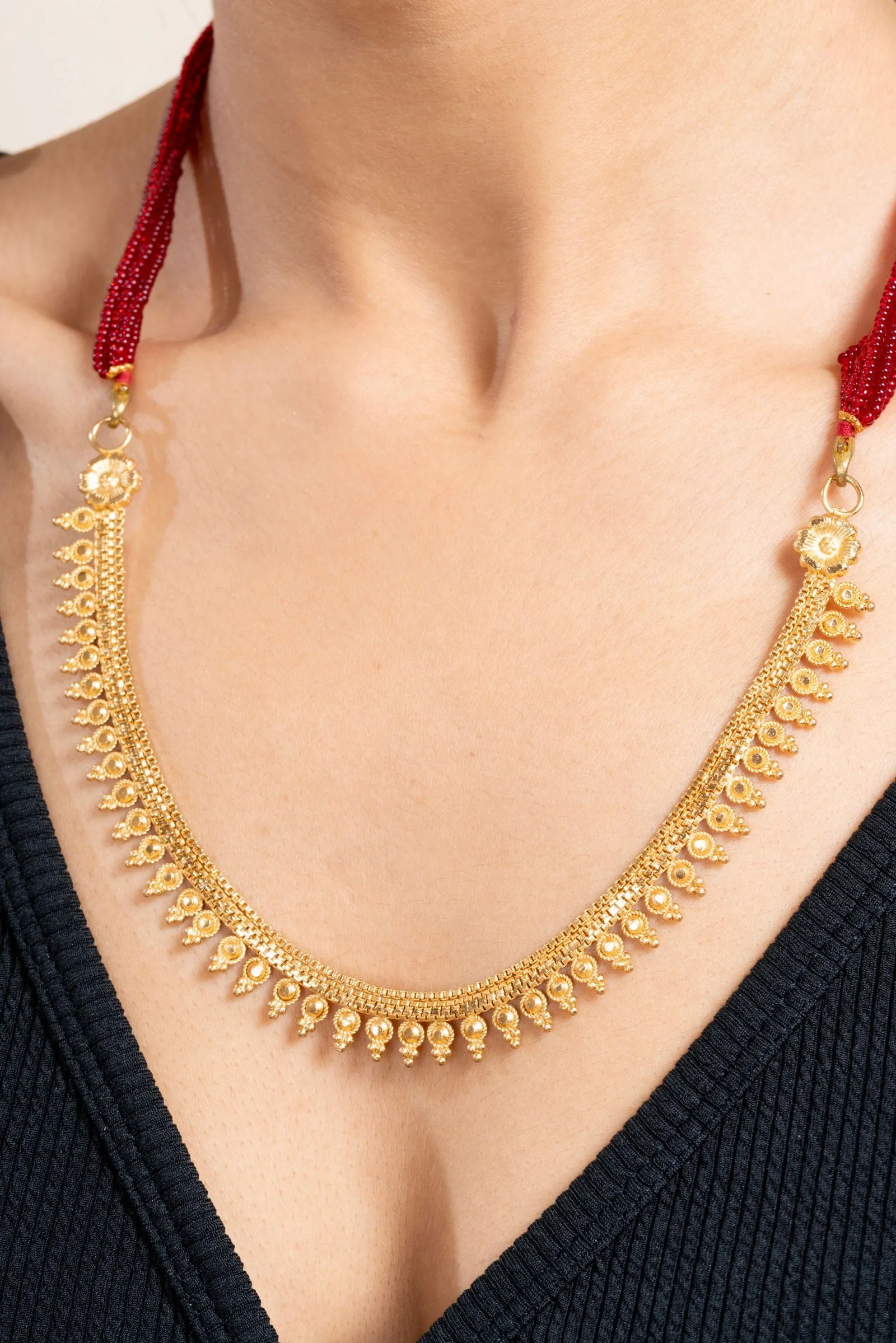 Unique Gold Plated Floral Design Statement Necklace with Red Tassel Dori