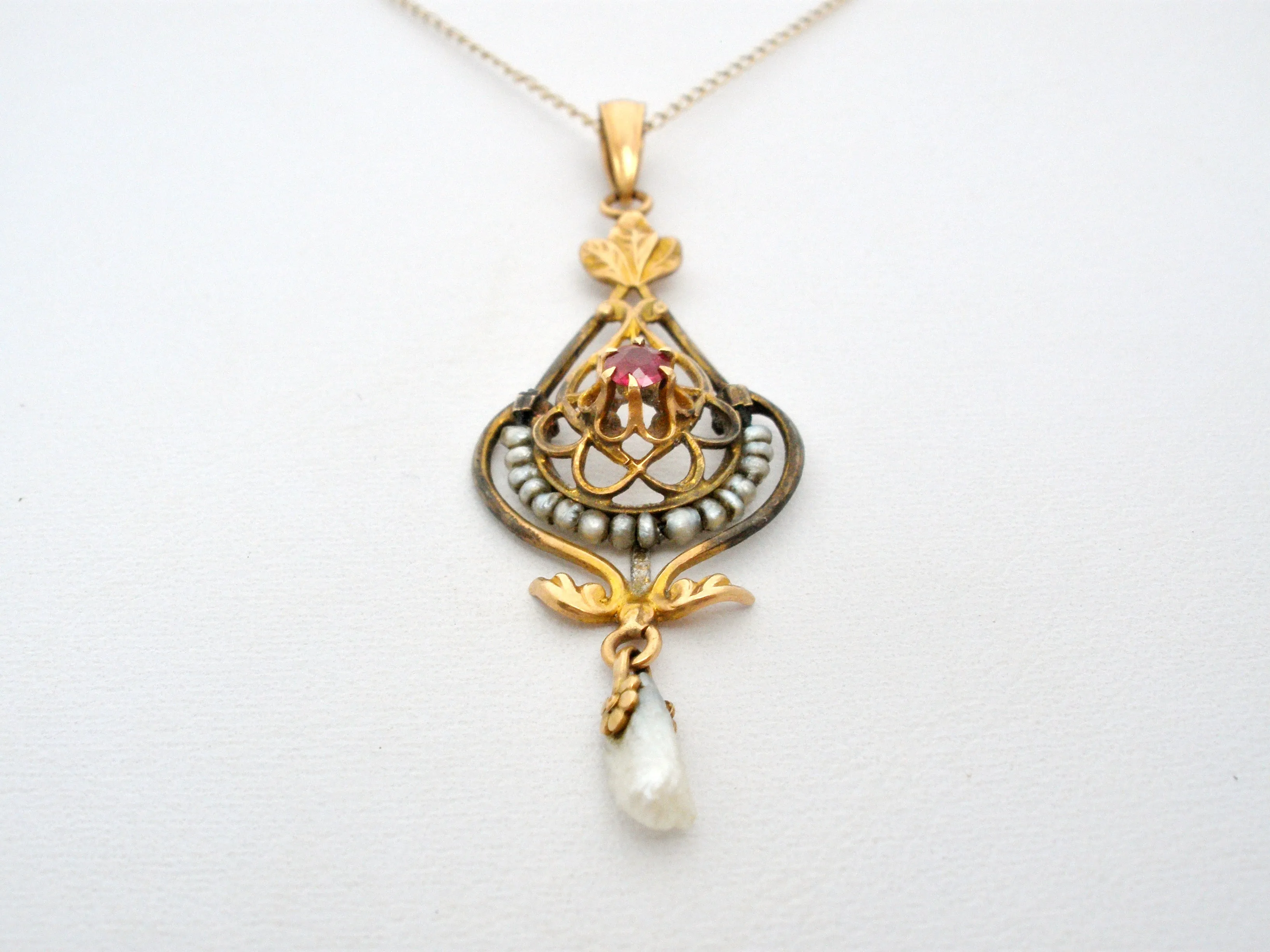 Victorian Ruby & Pearl Gold Lavalier Necklace Ostby & Barton