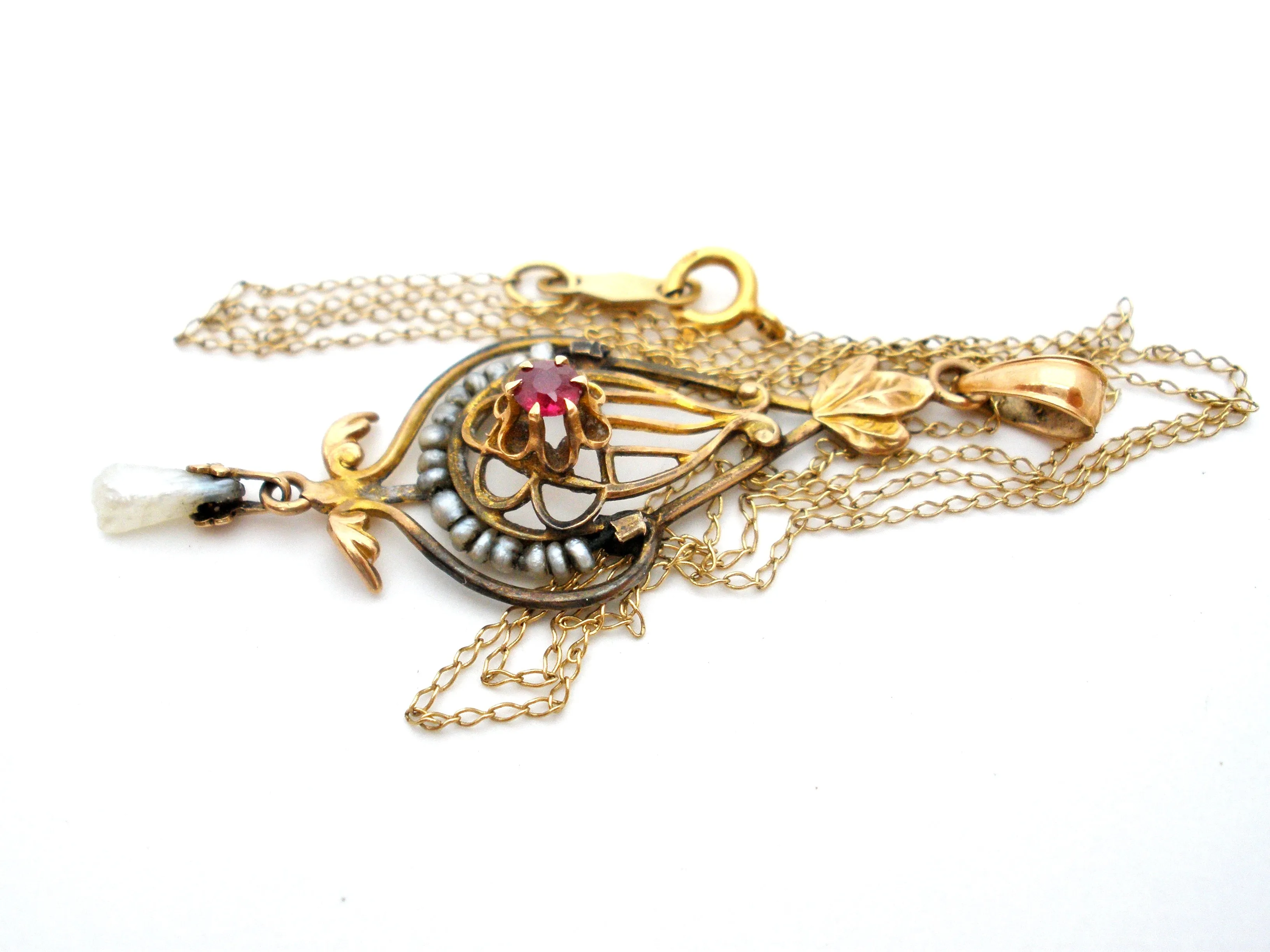 Victorian Ruby & Pearl Gold Lavalier Necklace Ostby & Barton