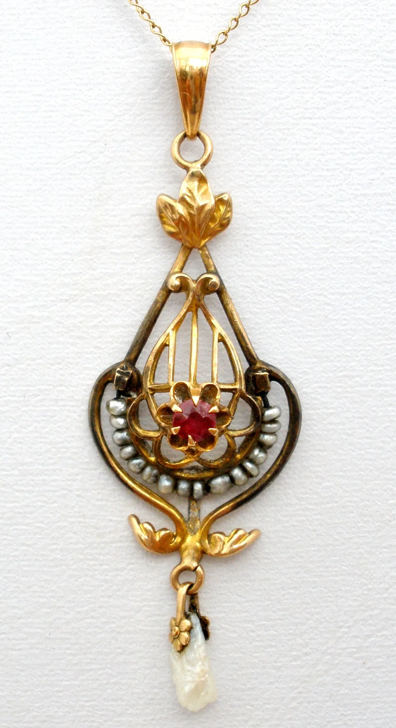 Victorian Ruby & Pearl Gold Lavalier Necklace Ostby & Barton