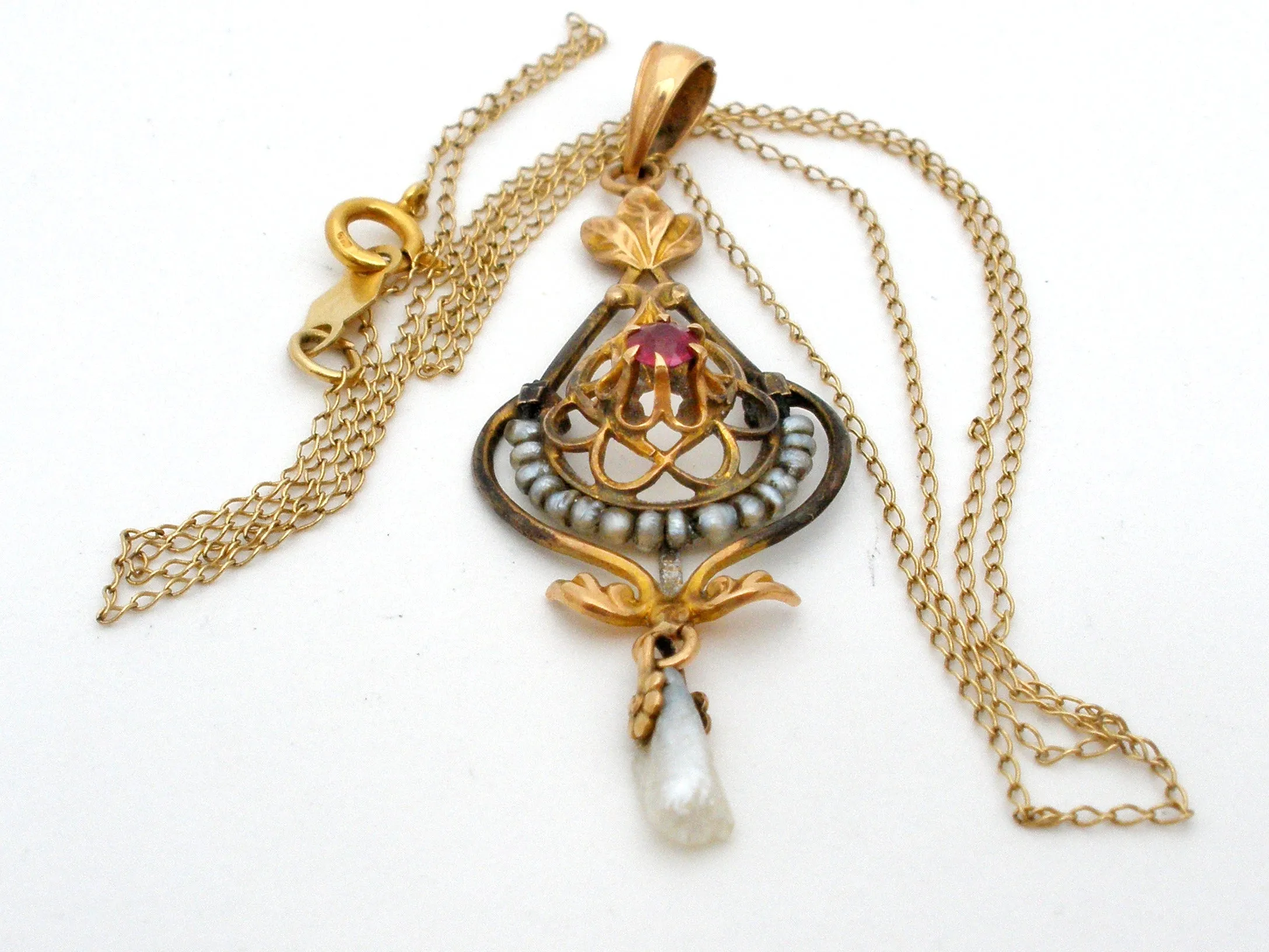 Victorian Ruby & Pearl Gold Lavalier Necklace Ostby & Barton