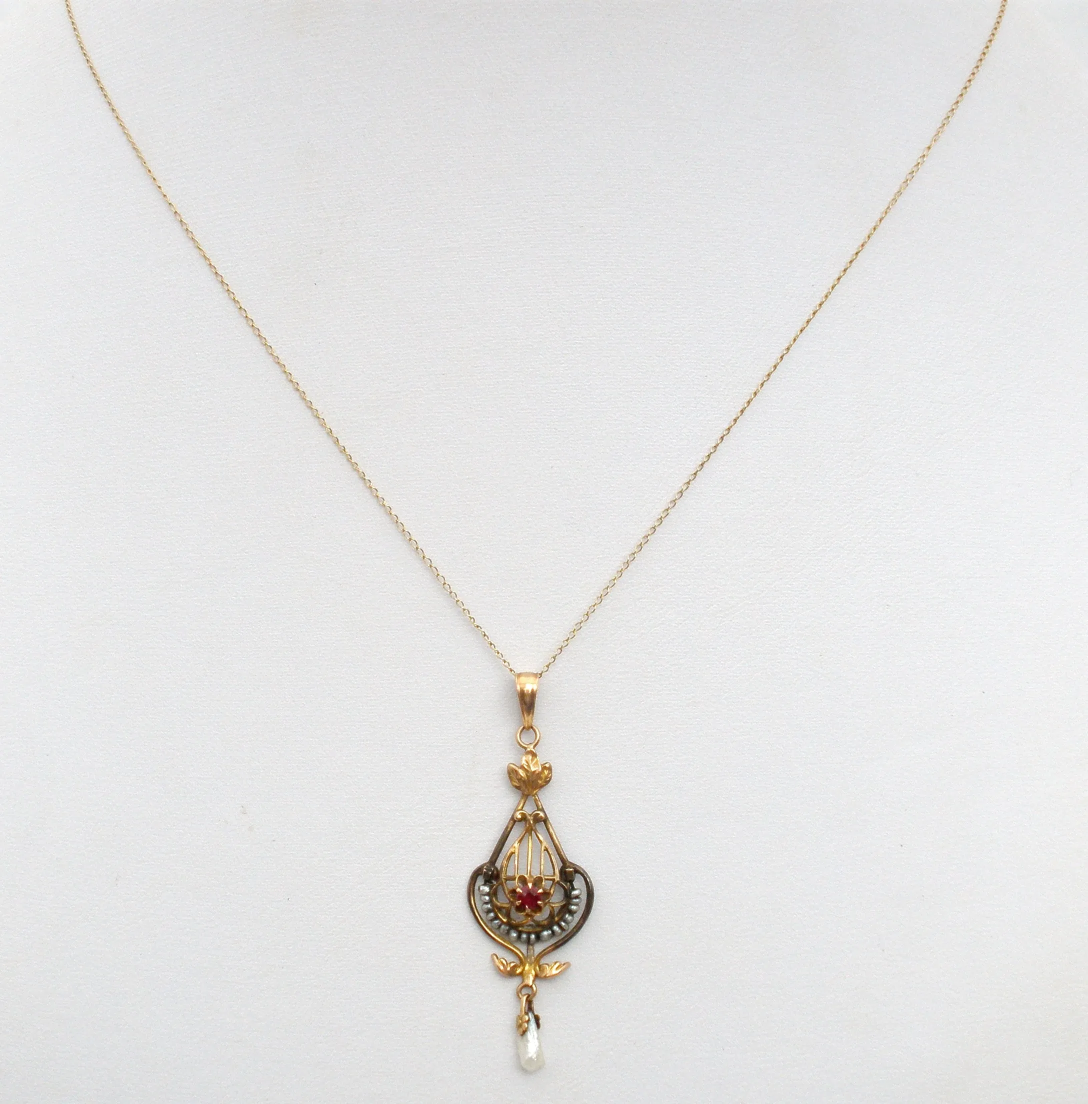 Victorian Ruby & Pearl Gold Lavalier Necklace Ostby & Barton