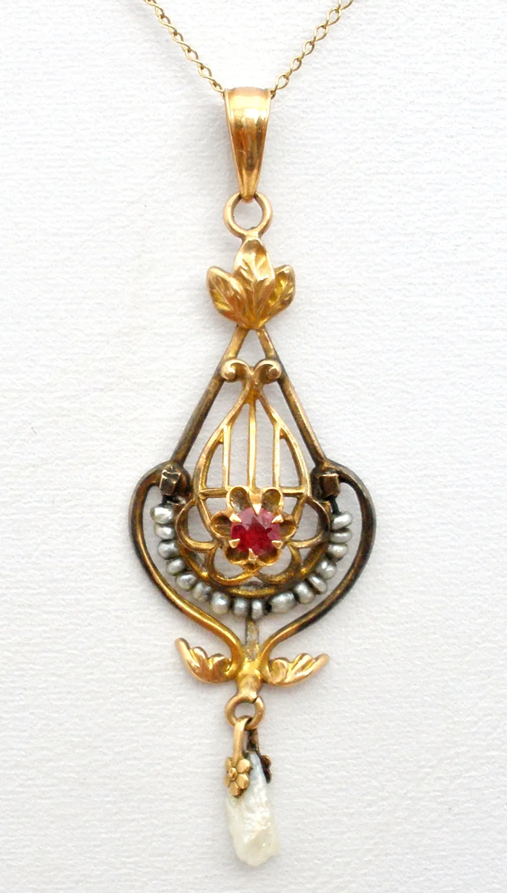 Victorian Ruby & Pearl Gold Lavalier Necklace Ostby & Barton