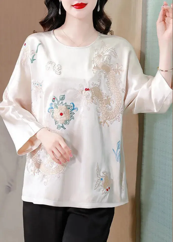 White Draping Silk Blouses Embroidered Spring HA1020