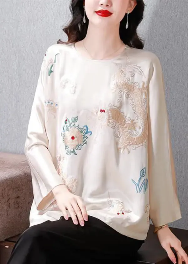 White Draping Silk Blouses Embroidered Spring HA1020