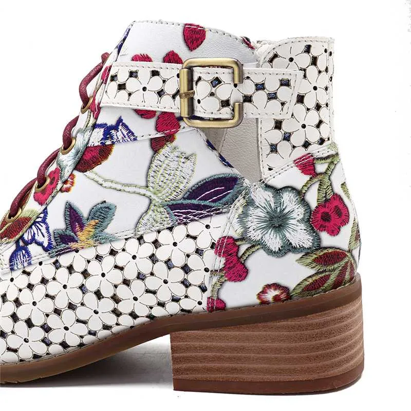 Women's Fashion White Retro Bohemian Printed Genuine Leather Square Heel Ankle Boots