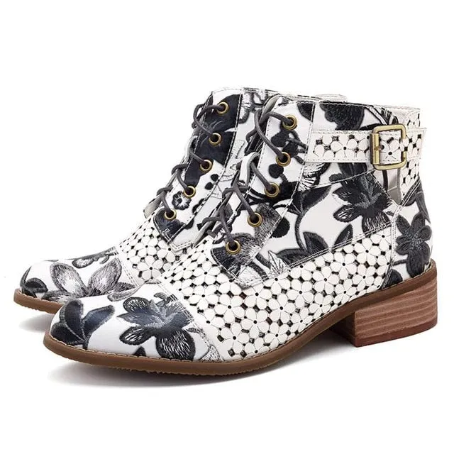 Women's Fashion White Retro Bohemian Printed Genuine Leather Square Heel Ankle Boots