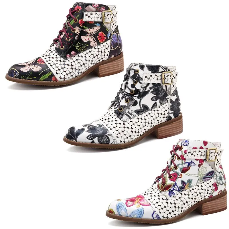 Women's Fashion White Retro Bohemian Printed Genuine Leather Square Heel Ankle Boots