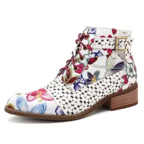 Women's Fashion White Retro Bohemian Printed Genuine Leather Square Heel Ankle Boots