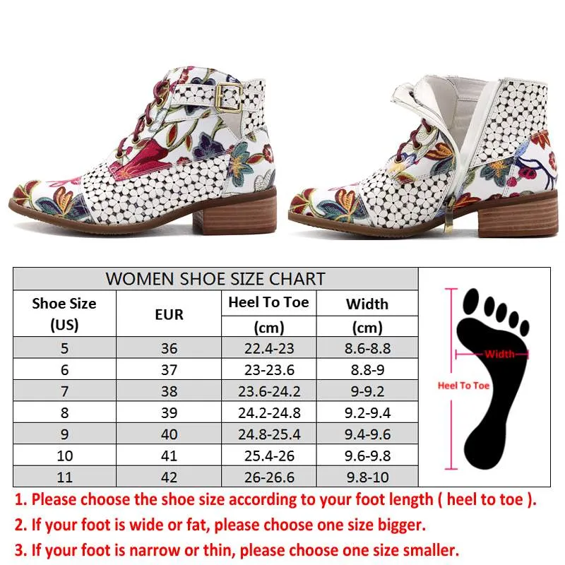 Women's Fashion White Retro Bohemian Printed Genuine Leather Square Heel Ankle Boots