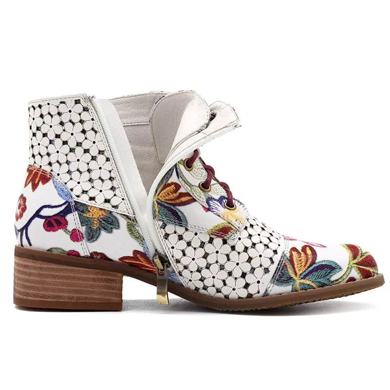 Women's Fashion White Retro Bohemian Printed Genuine Leather Square Heel Ankle Boots