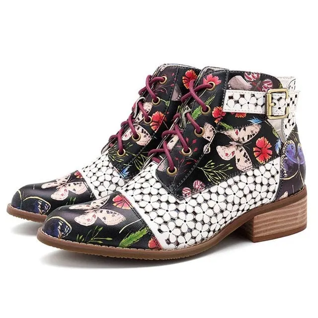 Women's Fashion White Retro Bohemian Printed Genuine Leather Square Heel Ankle Boots