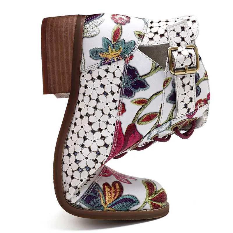 Women's Fashion White Retro Bohemian Printed Genuine Leather Square Heel Ankle Boots