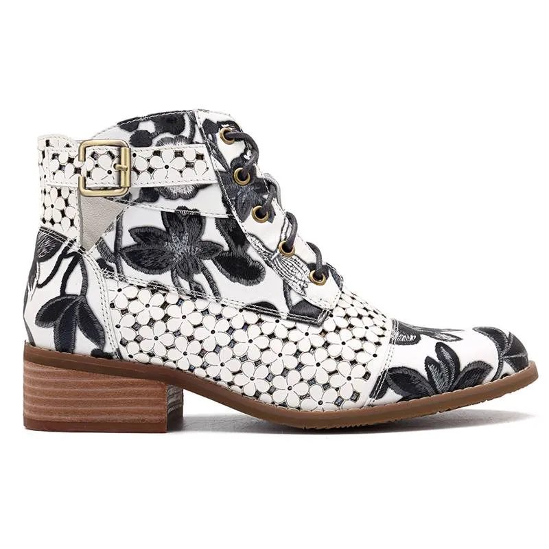 Women's Fashion White Retro Bohemian Printed Genuine Leather Square Heel Ankle Boots