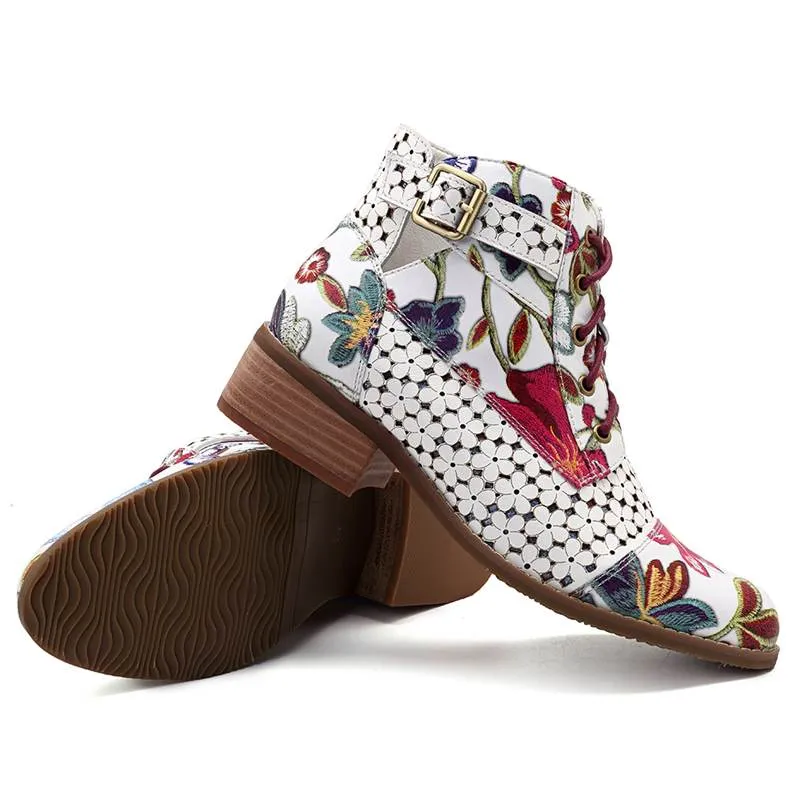 Women's Fashion White Retro Bohemian Printed Genuine Leather Square Heel Ankle Boots