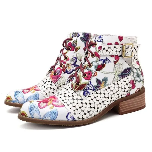 Women's Fashion White Retro Bohemian Printed Genuine Leather Square Heel Ankle Boots